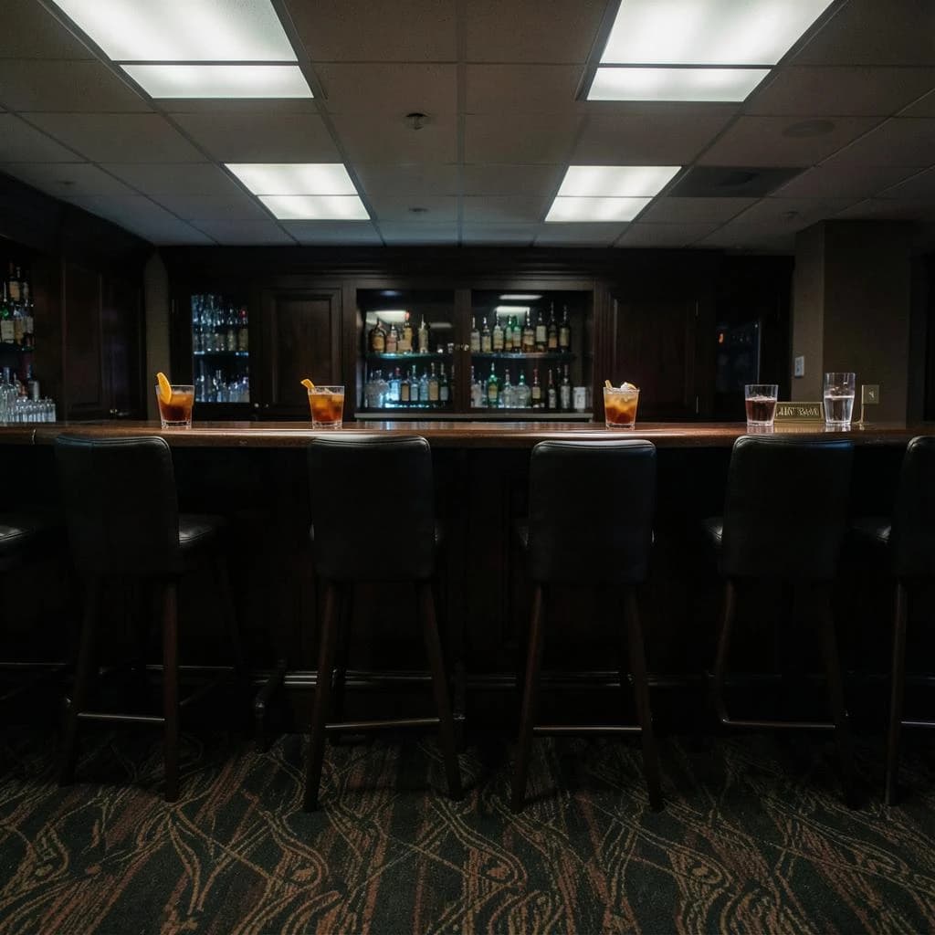 Liminal space photograph of a hotel bar at four in the morning, humming fluorescent ceiling panels, patterned carpet running off frame, nobody in sight. Eleven identical barstools stand in one unbroken row along the counter, only the fifth pulled out and turned. Three finished old fashioneds sit spaced along the bar, each down to melted ice and a single orange peel, and a fourth glass, freshly poured and still clear, waits at the far end beside a small brass sign reading "THE LATE ROOM".