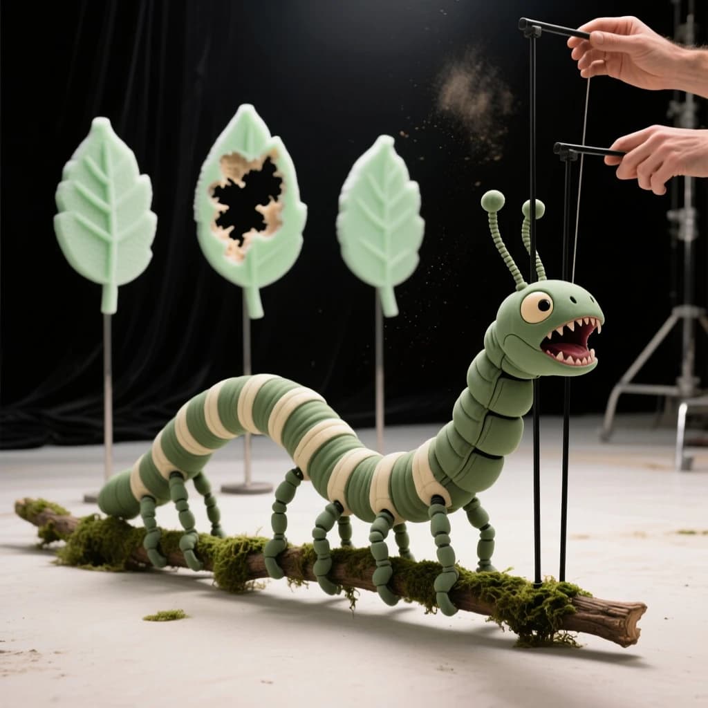 Macro photography of a practical effects test on a soundstage floor. A metre-long animatronic caterpillar puppet, dull green with a cream stripe, arched over a moss-covered branch: eight pairs of stubby legs, the front three pairs gripping the branch, the rest hanging free. Two thin black rods run out of frame to the right where a puppeteer's hands are just visible, and a third rod supports the head, which is turned toward camera with its mandibles open. Behind it, three sprayed foam leaves on stands, the middle one already chewed through. Hard key from above, black felt background, dust in the air.