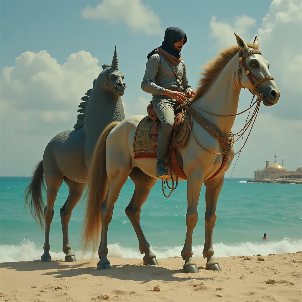 Blackfish and Sea Horse in Sanaa, Yemen in the style of neoclassical
