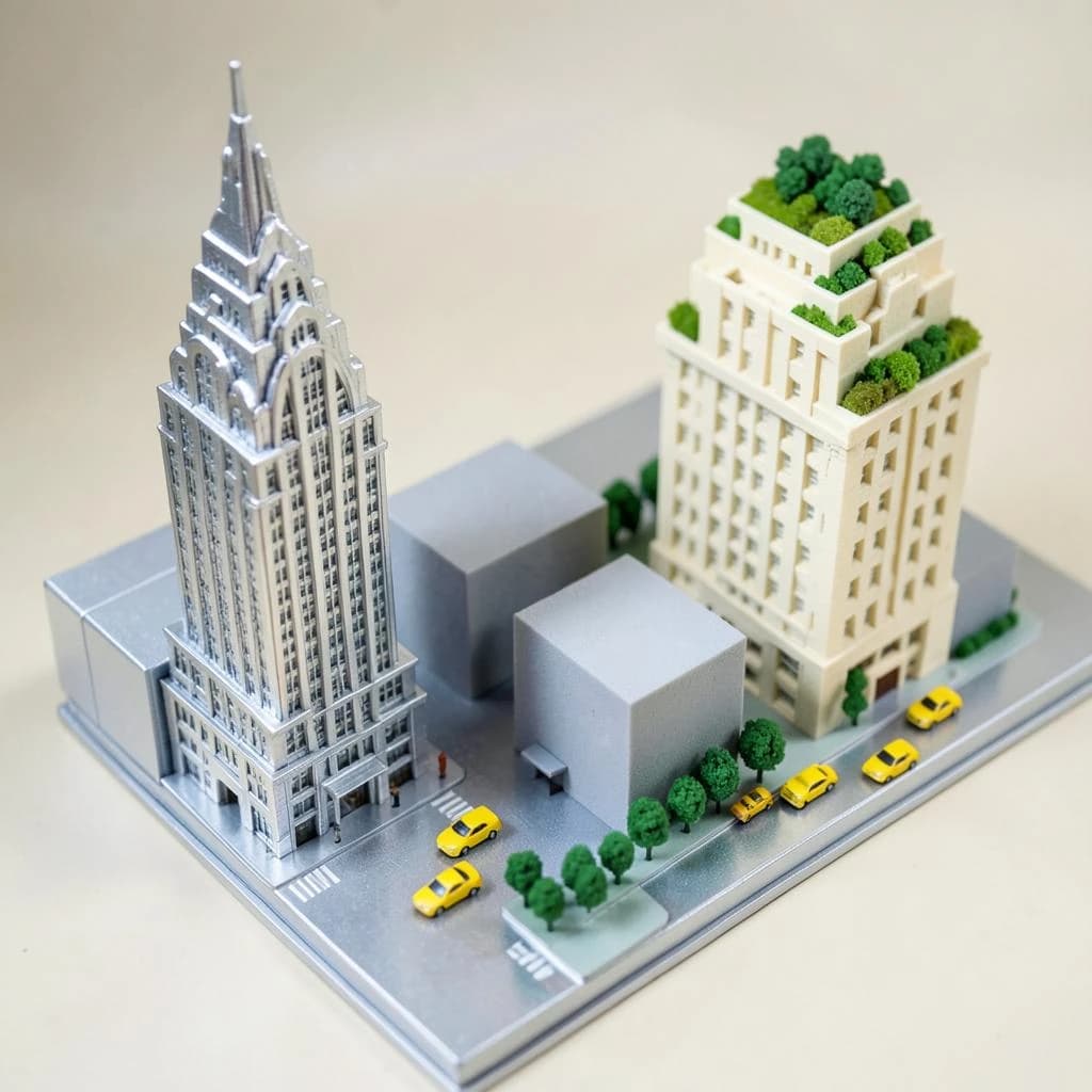 Tilt shift photograph of a hand built architectural scale model of a Midtown Manhattan block, studio lit from the upper left.
The Chrysler Building stands on the corner in polished silver card with its stepped crown and triangular windows. Directly across the street sits a proposed cream limestone tower, two floors shorter, topped by a stepped roof garden. Between them four smaller grey massing blocks in plain foam. Six tiny yellow cabs on the avenue, three stopped at the crossing and three queued behind, with a line of green model trees down the median.