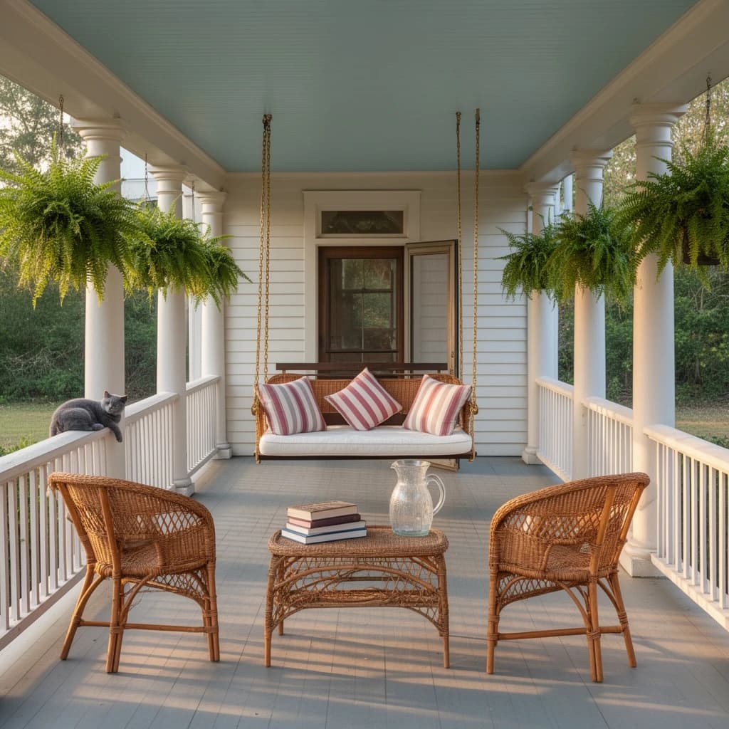 Real estate photograph of the wraparound porch on a restored Louisiana cottage, late afternoon. A cypress porch swing hangs on brass chains at the far end with three striped cushions on it, the middle cushion propped upright. Six turned columns run the length of the porch, ferns hanging between the first, third and fifth. Two wicker chairs face the swing across a low rattan table holding a stack of three books and a sweating glass pitcher. A grey cat sleeps on the rail nearest the steps, the screen door behind the swing standing half open. Low sun striping the painted floorboards, pale blue ceiling above.