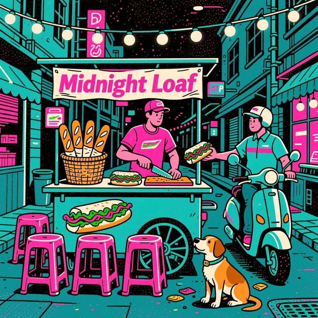 Two-color risograph print key art in fluorescent pink and teal with visible misregistration and paper grain, for a street food courier game. A night market alley: the banh mi cart at center with three baguettes standing upright in a basket and two more being sliced by the vendor, who hands one wrapped sandwich down to a courier straddling a scooter. Four plastic stools in front of the cart, three occupied and the one nearest the gutter tipped over. Two strings of bulbs cross overhead. A dog waits under the cart axle. The stall banner reads "Midnight Loaf".