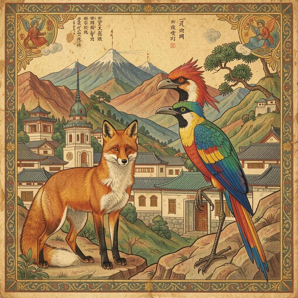 Fox and Turaco in Pyongyang, North Korea in the style of byzantine
