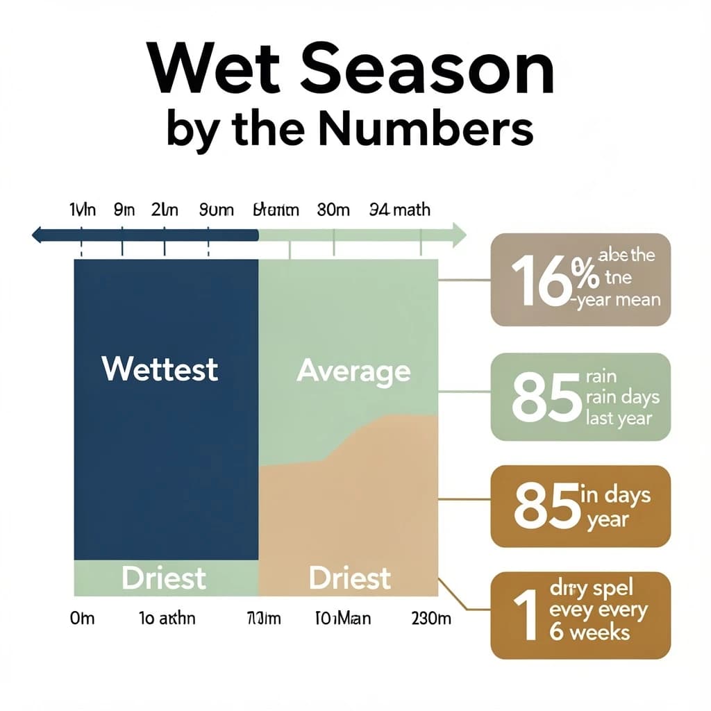 Flat vector illustration titled "Wet Season by the Numbers". A twelve-month rainfall timeline sits at the center, carrying three keyed regions, "Wettest" shaded dark blue, "Average" shaded pale green and "Driest" shaded sand. Three stat chips run down a right column, reading "16% above the ten-year mean", "85 rain days last year" and "1 dry spell every 6 weeks". Each key color matches the shading of the region it names.
