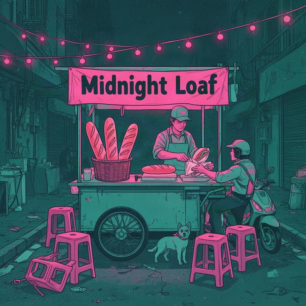 Two-color risograph print key art in fluorescent pink and teal with visible misregistration and paper grain, for a street food courier game. A night market alley: the banh mi cart at center with three baguettes standing upright in a basket and two more being sliced by the vendor, who hands one wrapped sandwich down to a courier straddling a scooter. Four plastic stools in front of the cart, three occupied and the one nearest the gutter tipped over. Two strings of bulbs cross overhead. A dog waits under the cart axle. The stall banner reads "Midnight Loaf".