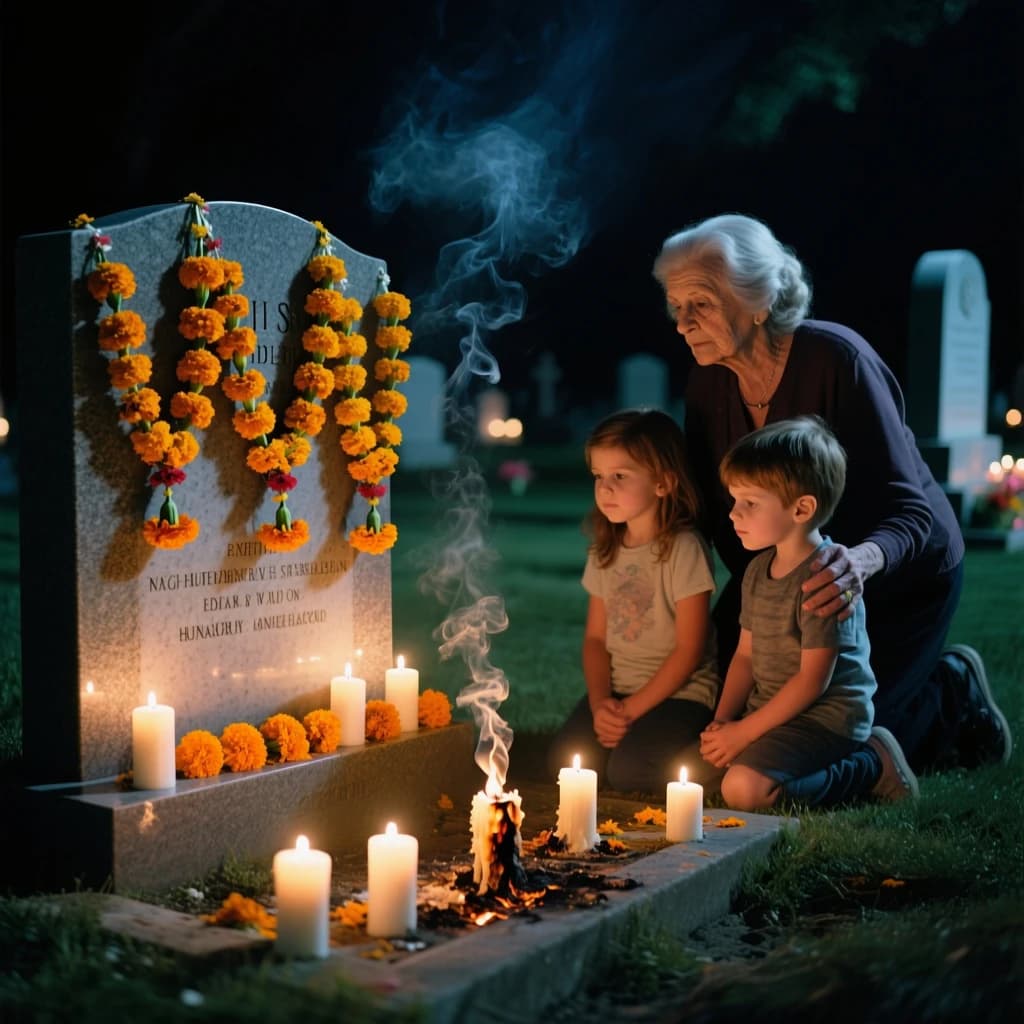 Photojournalism frame from a cemetery vigil at night: one grave slab carrying seven marigold garlands and nine lit candles, three of the candles guttered out and smoking, a grandmother and two children kneeling along the near edge.