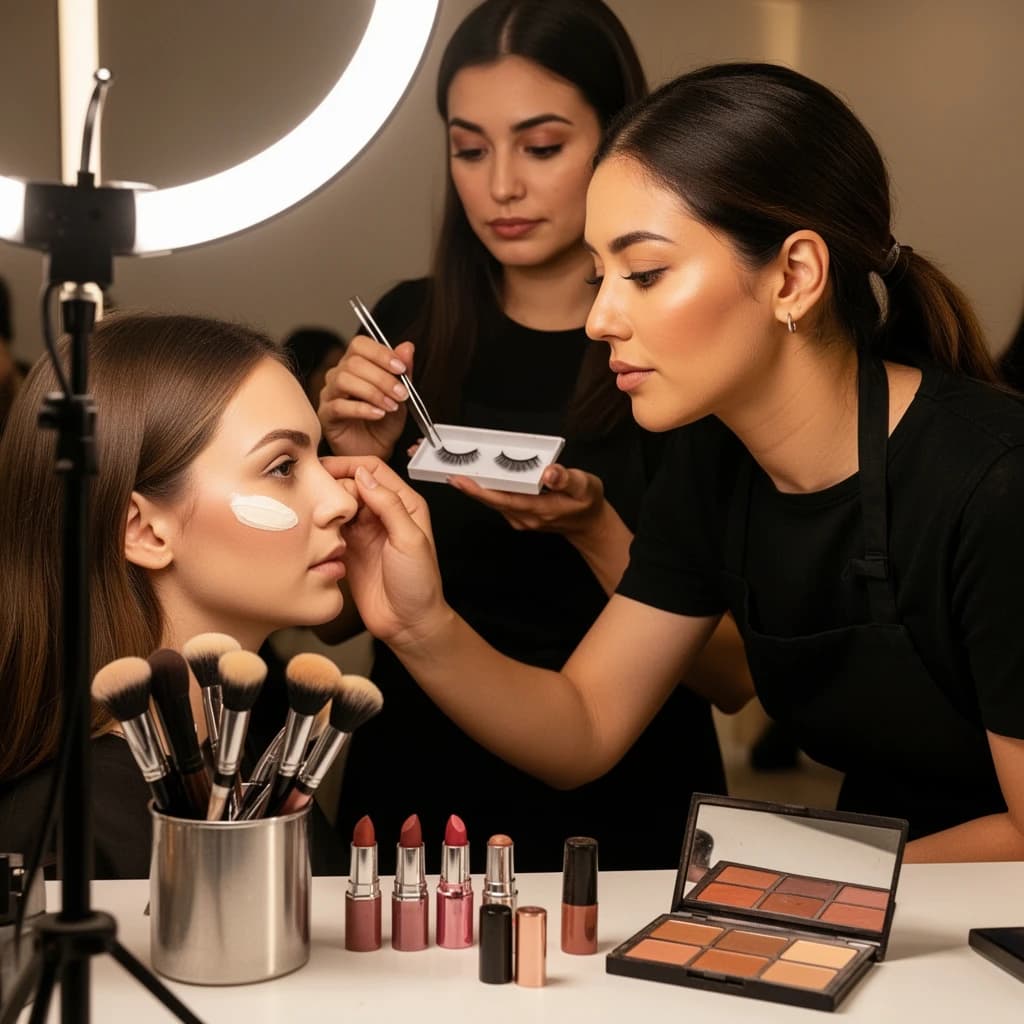 Fashion photograph at a backstage vanity lit by a ring light. A makeup artist in a black apron leans in from the right and blends cream blush into a seated model's cheekbone with her fingers, while a second artist standing behind them holds a lash tray in one hand and tweezers in the other, mid pick. On the counter between them: six brushes standing bristle up in a metal cup, three lipstick bullets lying in a row with their caps off beside them, and one open palette showing two used shades and four untouched. Warm skin tones, glossy highlights, shallow depth of field.
