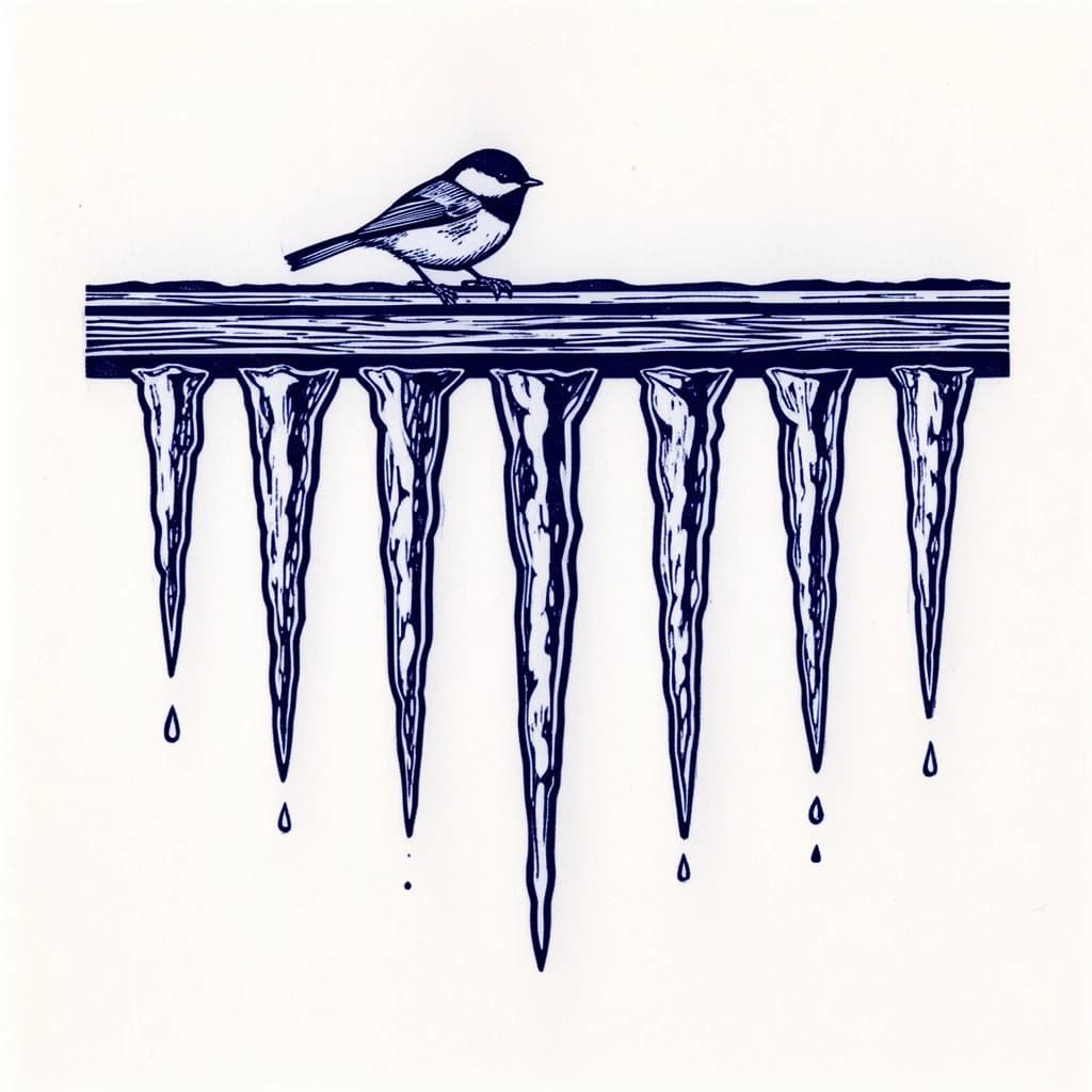 Linocut print in a single blue ink: nine icicles hanging from a cabin gutter, the longest in the middle tapering down to the shortest at each end, three of them dripping, and a chickadee perched on the gutter directly above the second icicle from the left.