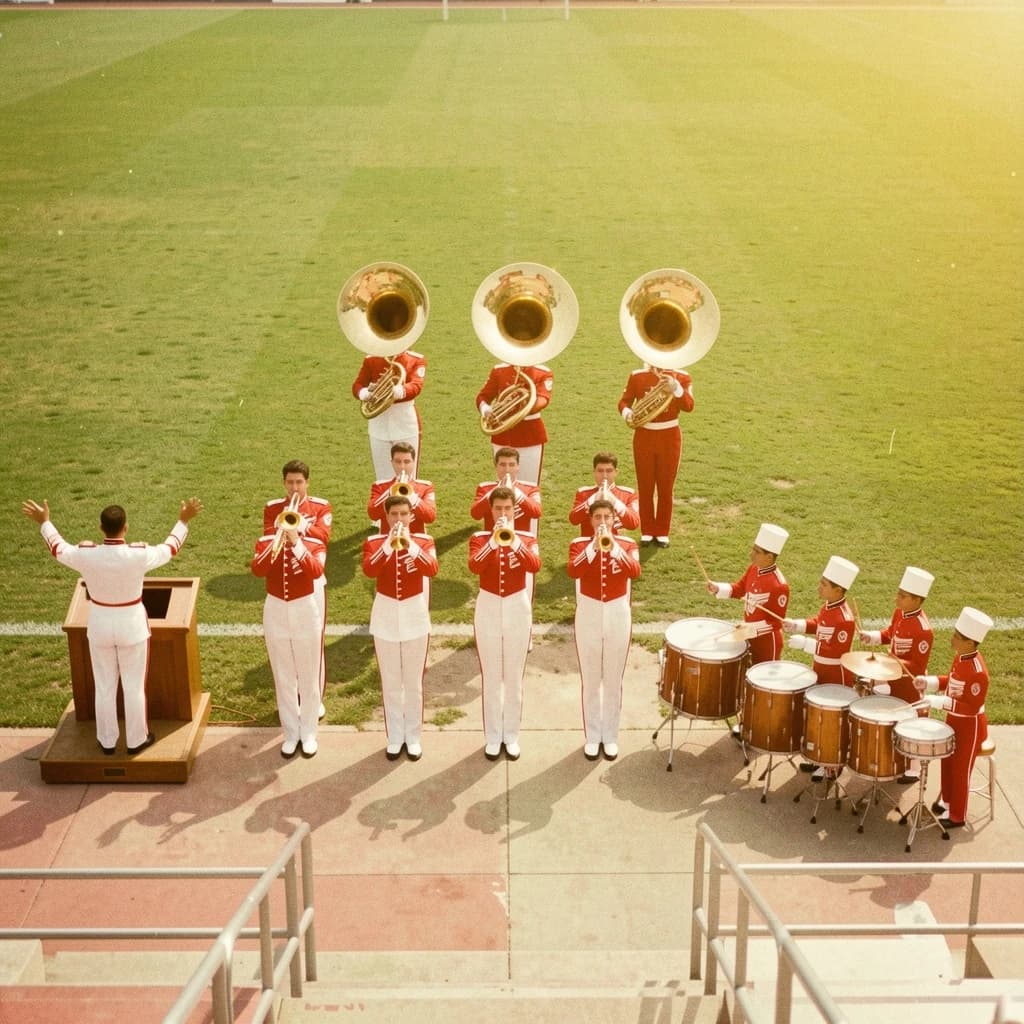 Nineteen seventies Kodachrome-era colour film look, faded warm grain and slight overexposure: a high school marching band seen from a stadium walkway. Front rank of five trumpet players in red and white uniforms, all with horns raised. Behind them three sousaphones in a triangle, the middle player caught mid turn. A line of four drummers to the right, the snare drummer nearest the camera mid stroke. A single drum major stands on a podium at the far left with his back to us, arms up. Empty green field behind them.