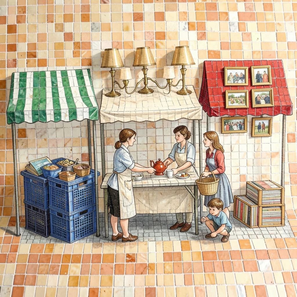 Glass tile mosaic of a Sunday flea market seen from a slightly raised angle, small square tesserae and warm terracotta grout. Three stall awnings in a row: the left one striped green and white over stacked vinyl crates, the middle plain canvas over six brass lamps with only the two tallest wearing shades, the right red awning hung with nine framed pictures in three rows of three. Under the middle awning a vendor in an apron hands a teapot across the table to a woman holding a straw basket, while a boy crouches at her feet by a crate of records. No lettering anywhere.