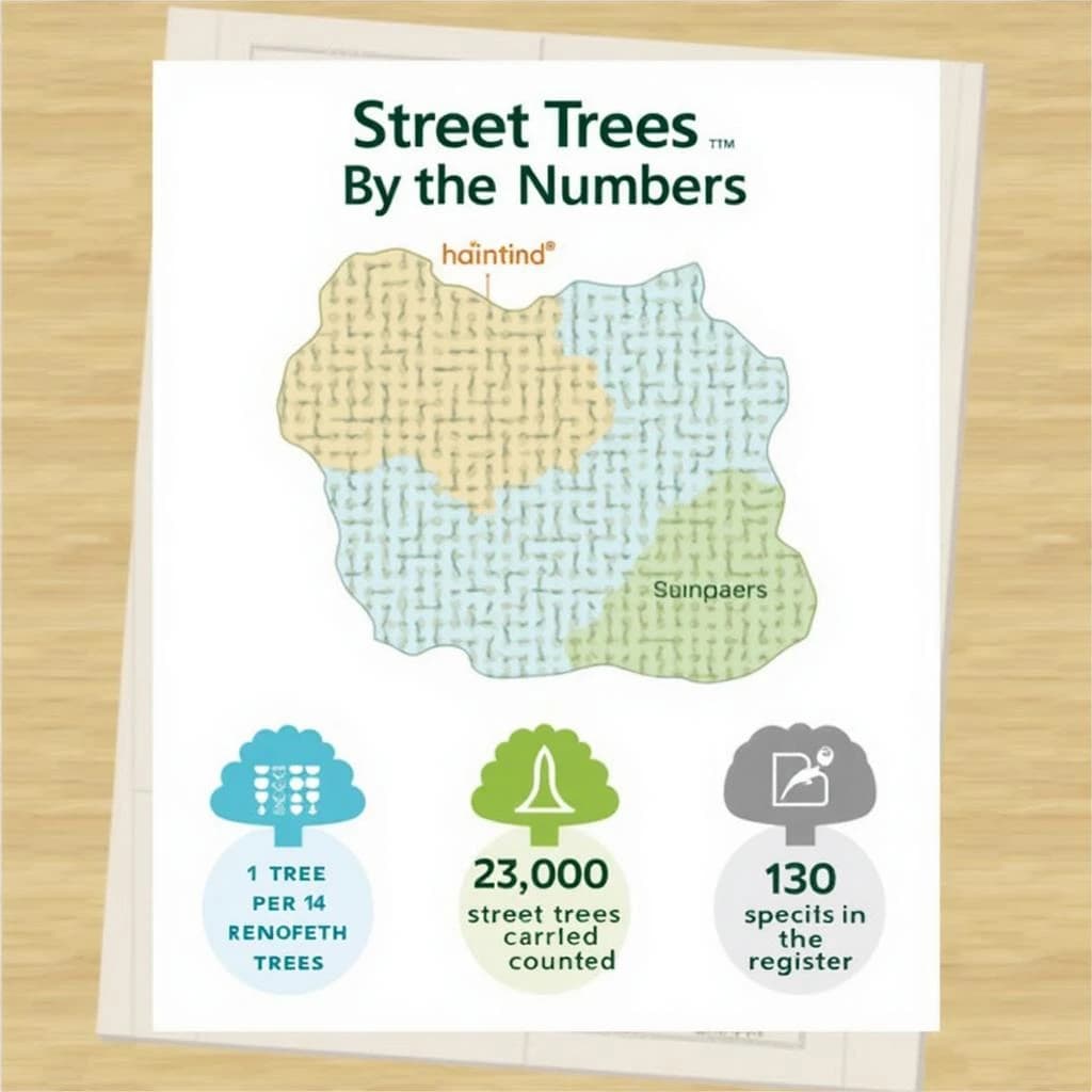 Printed poster titled "Street Trees by the Numbers": at the center a simplified street map with shaded districts, carrying two keyed regions, "New planting" shaded light blue and "Fewest trees" shaded tan, beside a bottom row of three stat chips reading "1 tree per 14 residents", "23,000 street trees counted" and "130 species in the register".