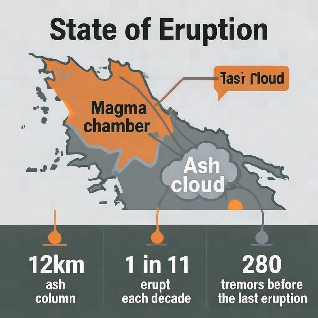 Flat infographic titled "State of Eruption". A simplified hazard map of the slopes sits at the center, carrying two keyed regions, "Magma chamber" shaded orange and "Ash cloud" shaded gray. Three stat chips run down a bottom row, reading "12km ash column", "1 in 11 erupt each decade" and "280 tremors before the last eruption". Each key color matches the shading of the region it names.
