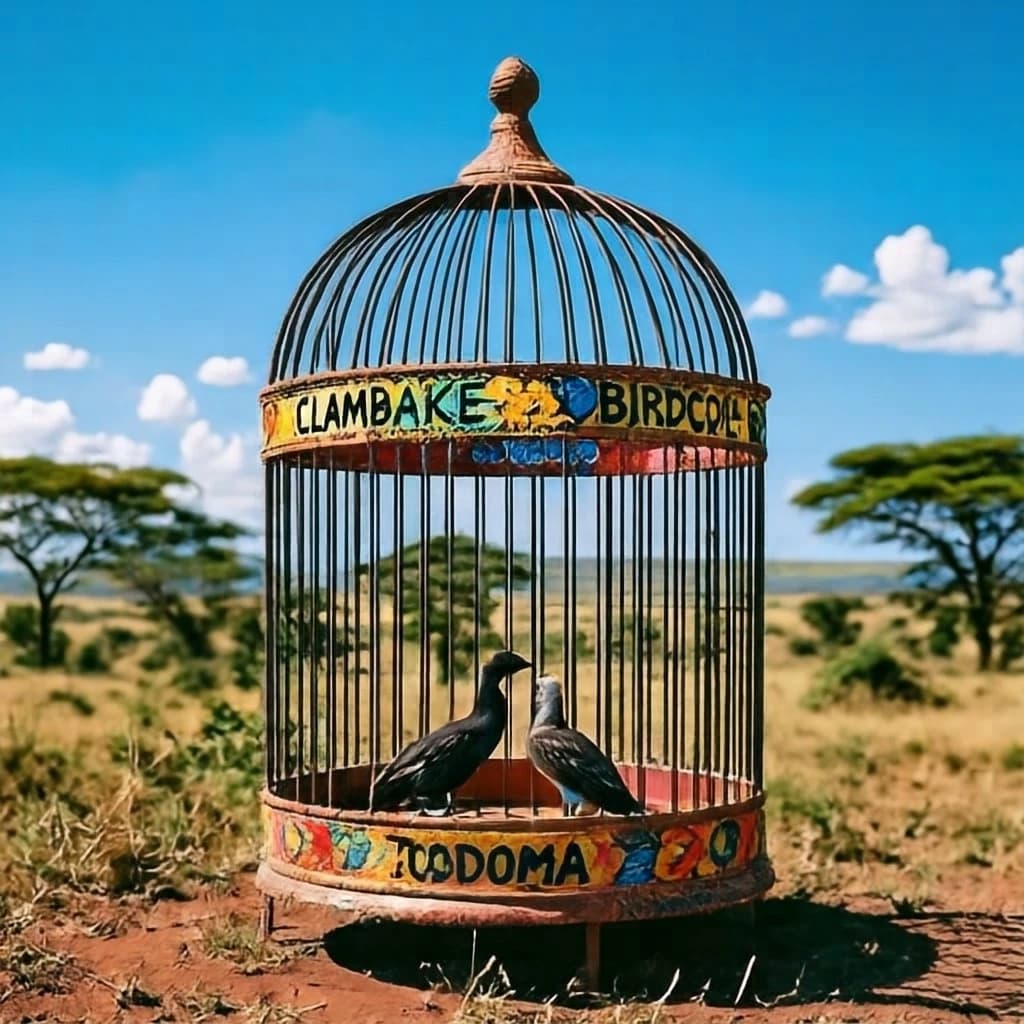 Clambake and Birdcage in Dodoma, Tanzania in the style of pop art