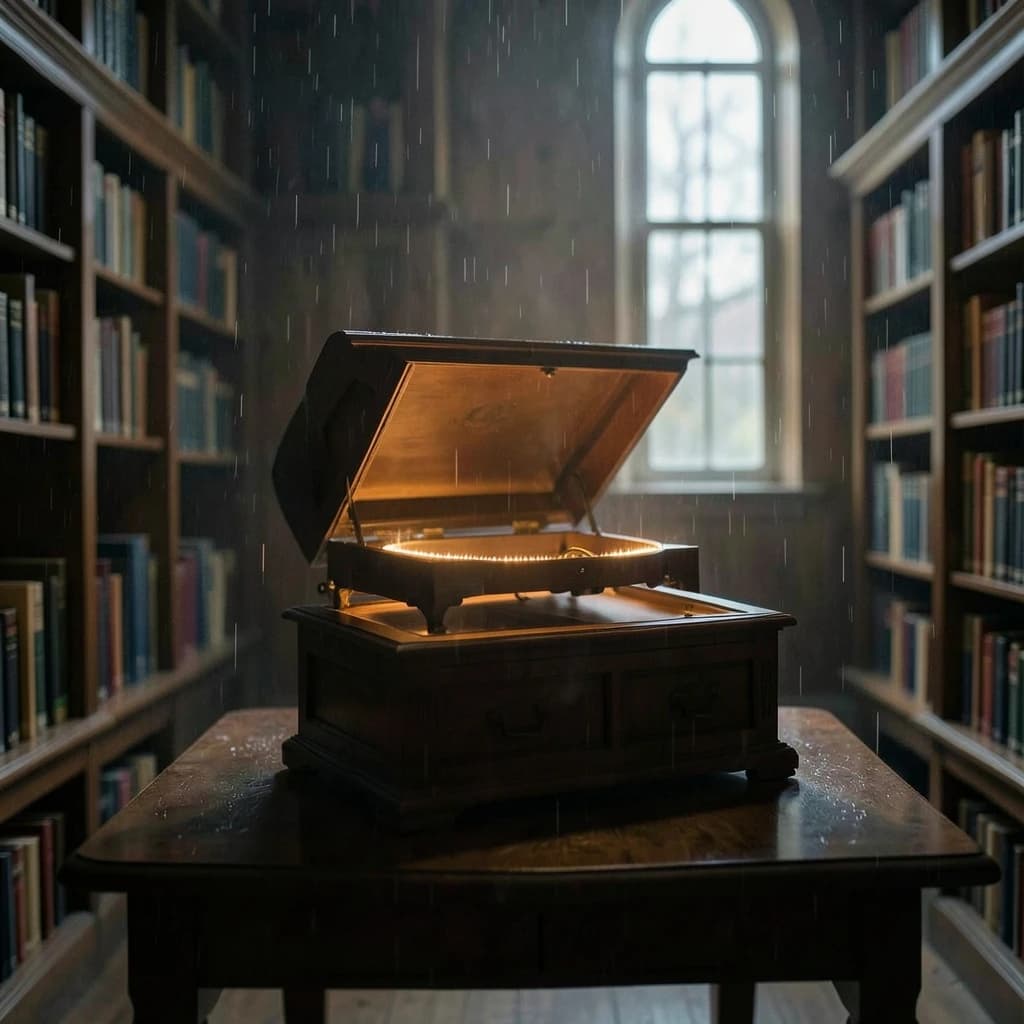 The quiet second when a music box takes on a thin rim of warm light, in a quiet library, in light rain.