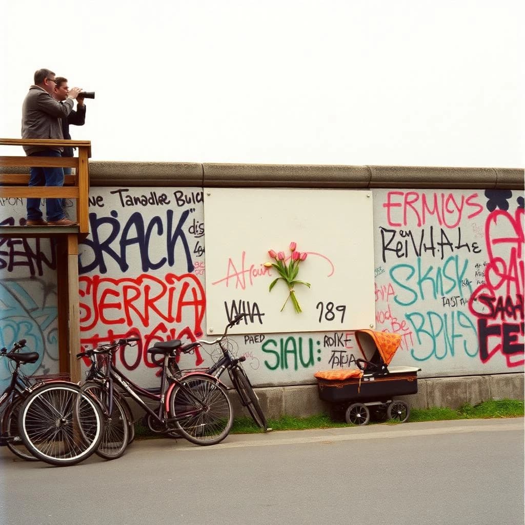 Shot on 1970s Kodachrome era color film, warm grain and slightly faded reds. A stretch of the Berlin Wall on a grey afternoon, covered in overlapping graffiti with one clean unpainted panel in the middle. Three people stand on a wooden viewing platform at the left, two of them looking over the top through binoculars while the third has turned back toward the camera with a cigarette. Four bicycles lean along the base of the wall, three upright and one fallen on its side. A pram is parked below the clean panel with a small bunch of tulips wedged into a crack above it. No cars in the frame.