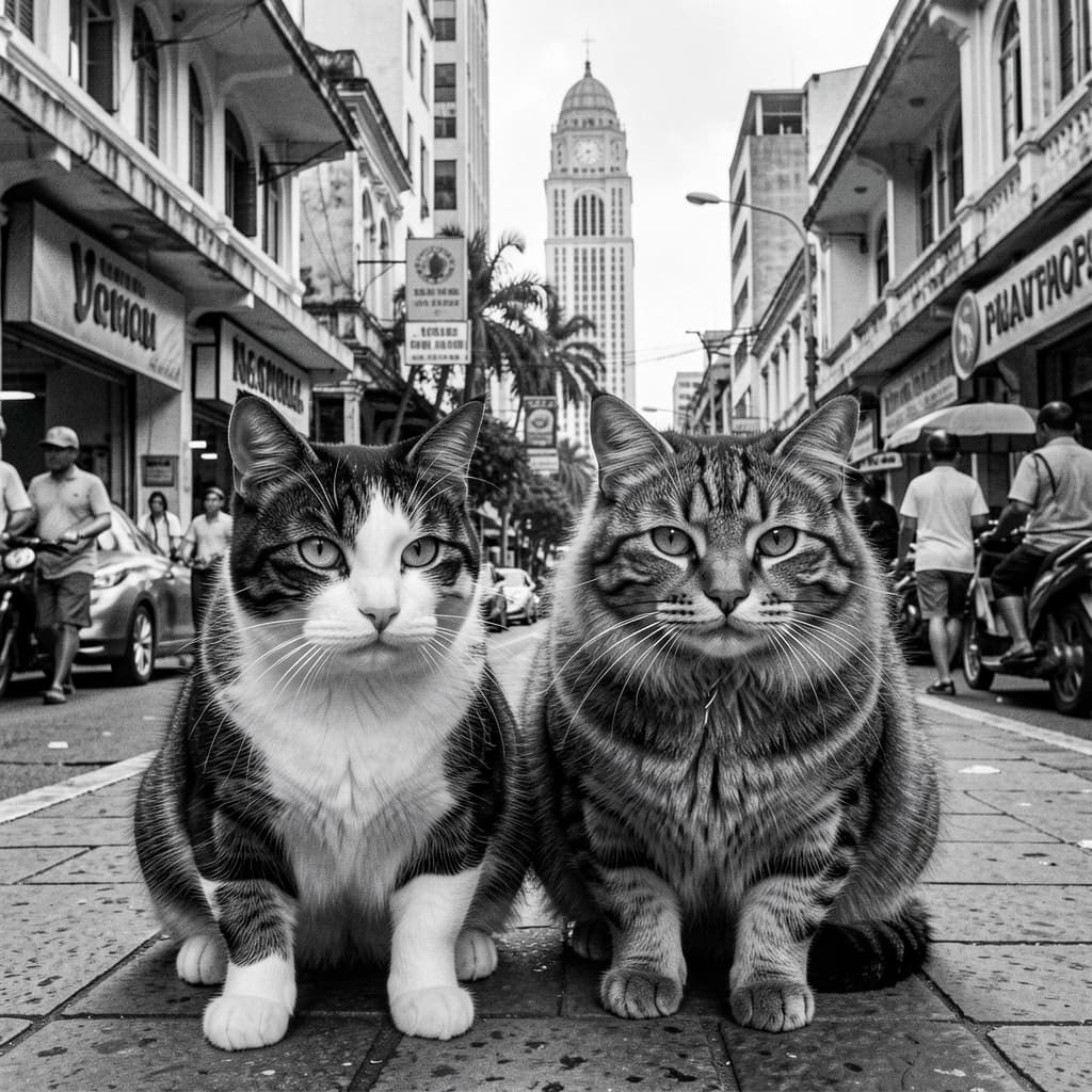 Channel Cat and Megathere in Manila, Philippines in the style of black and white