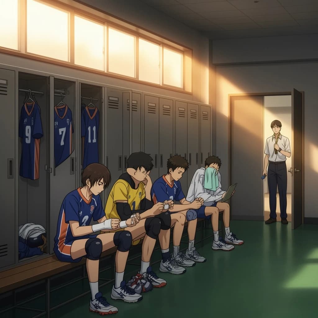 Modern anime interior for a high school volleyball series, wide view down a team locker room after practice. Eight lockers along the back wall in two banks of four, the three on the far left hanging open with jerseys spilling out and the rest shut. Four players occupy the foreground bench: the setter re-taping two fingers, the libero pulling on a knee sleeve, the captain reading a clipboard, and a first year asleep sitting upright with a towel over his face. A coach stands in the right doorway holding a whistle, half in shadow. Warm late-sun bars fall through high frosted windows, cel shading, clean bold linework.