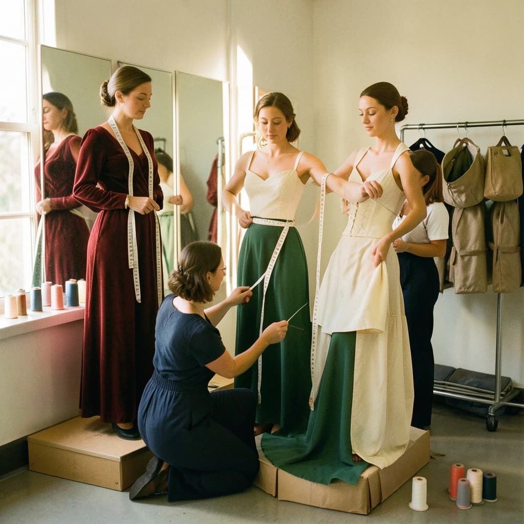 35mm film photograph, wardrobe fitting room, warm late afternoon window light and soft grain. Three actresses stand on low platforms in front of a three-panel mirror. The one in the red velvet gown has a cloth tape measure draped around her neck. A seamstress kneels beside the one in the green gown, measuring her hem with a second tape measure. The third actress, in an unfinished cream bodice, holds both arms out while another seamstress pins her sleeve. Six spools of thread line the windowsill, and only the two at the right end are unwound. A rolling rack behind them carries eight garment bags, one of them unzipped.