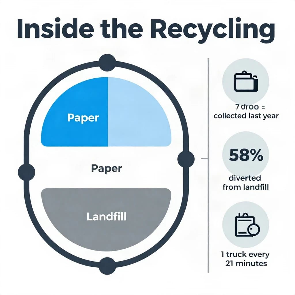 Flat infographic titled "Inside the Recycling": at the center a flow chart from curb to sorting floor, carrying two keyed regions, "Paper" shaded blue and "Landfill" shaded gray, beside a right column of three stat chips reading "7,000 tons collected last year", "58% diverted from landfill" and "1 truck every 21 minutes".