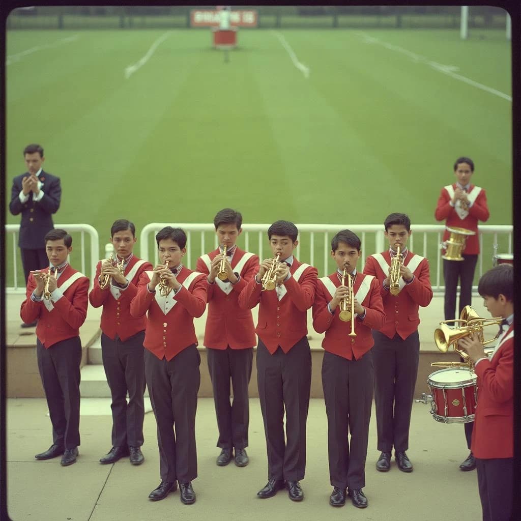 Nineteen seventies Kodachrome-era colour film look, faded warm grain and slight overexposure: a high school marching band seen from a stadium walkway. Front rank of five trumpet players in red and white uniforms, all with horns raised. Behind them three sousaphones in a triangle, the middle player caught mid turn. A line of four drummers to the right, the snare drummer nearest the camera mid stroke. A single drum major stands on a podium at the far left with his back to us, arms up. Empty green field behind them.