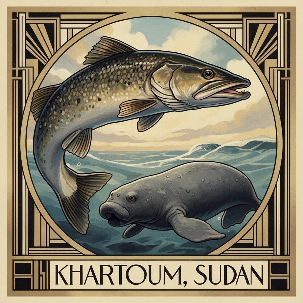 Pike and Dugong in Khartoum, Sudan in the style of art deco