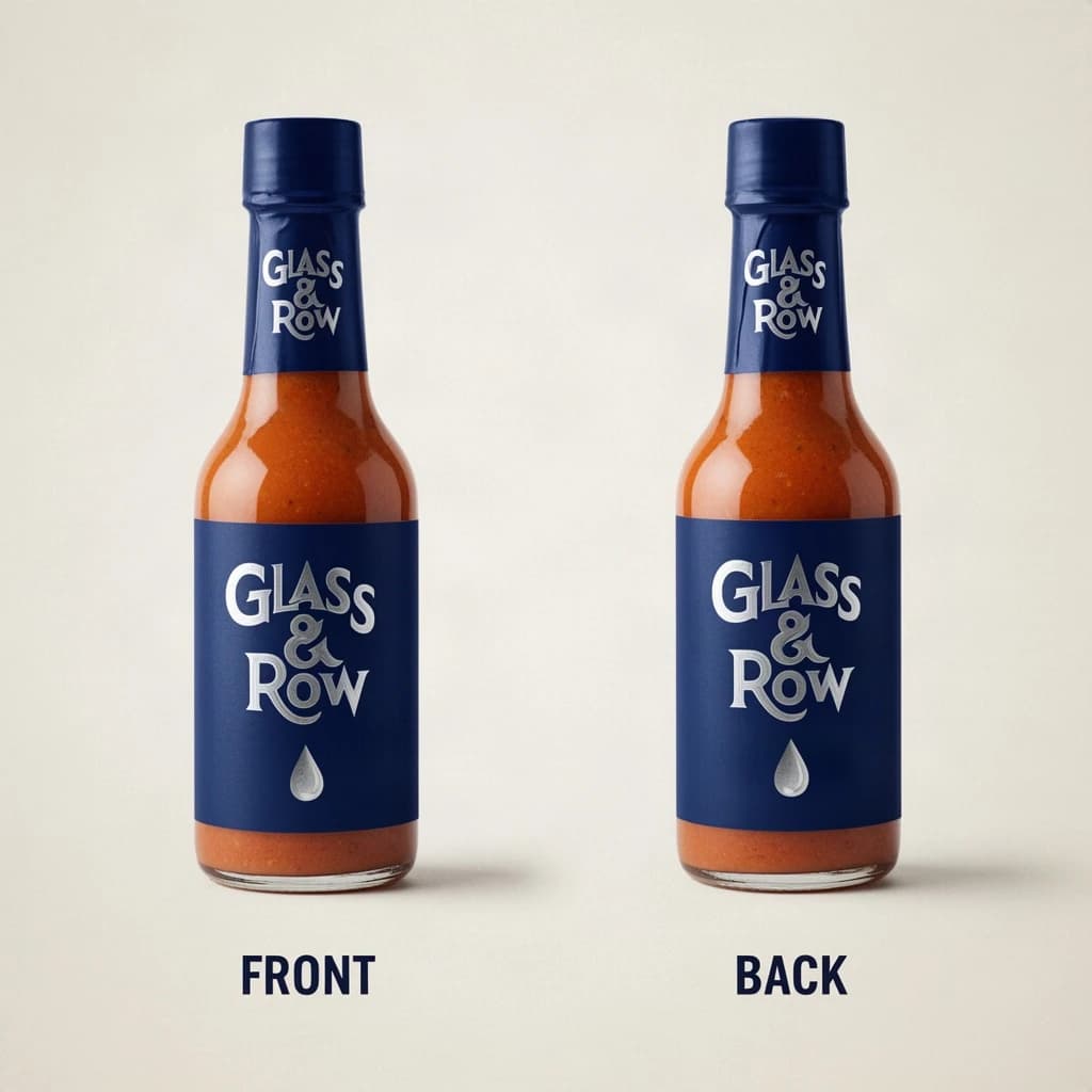 Printed poster of the same hot-sauce bottle drawn in two views, captioned "front" and "back", every view carrying the wordmark "Glass & Row" with a single droplet symbol beside it in the same blue-and-silver coloring, only the angle changing.