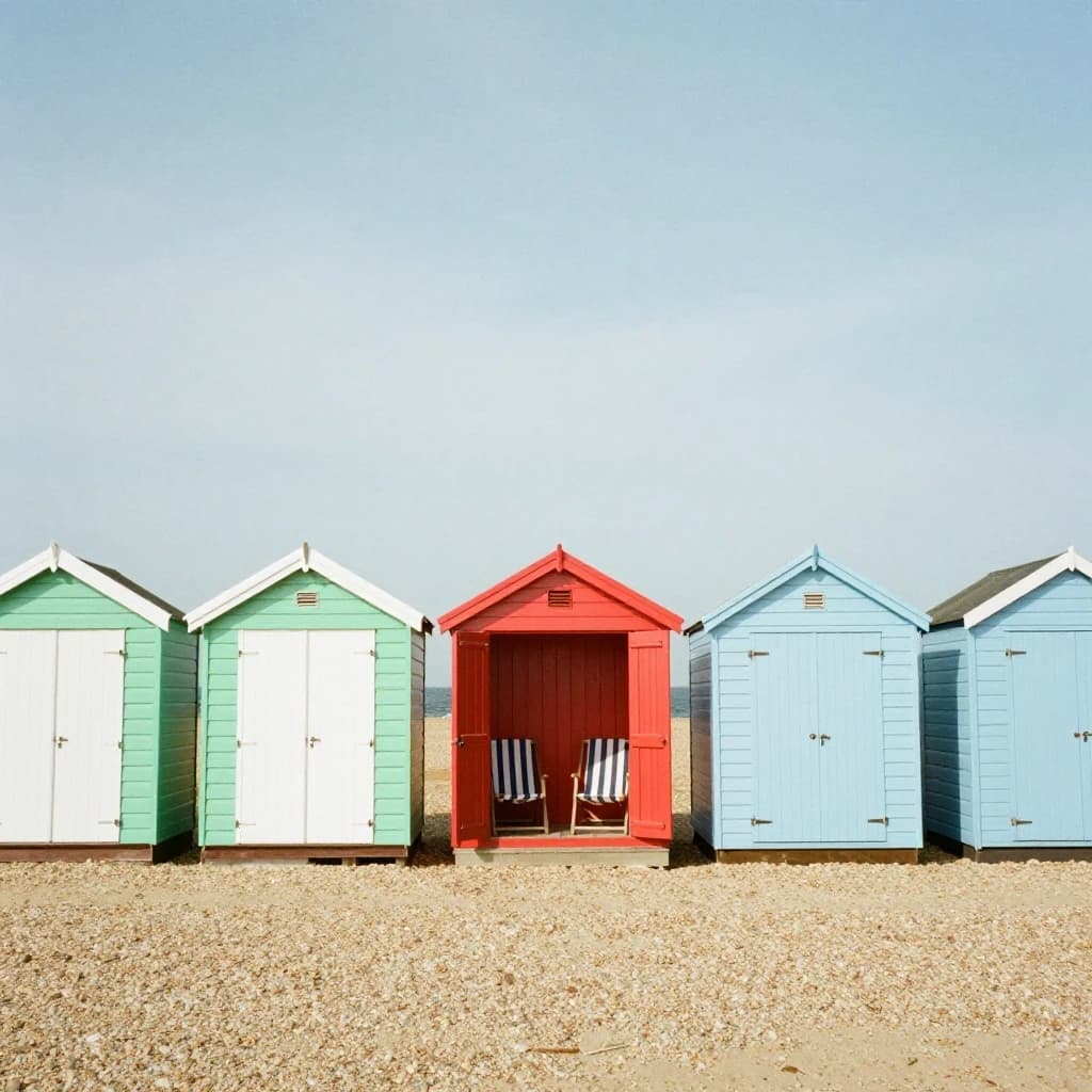 35mm film photo of seven beach huts in a row on a shingle bank. The three left huts are mint green with white doors, the middle one is red with its doors open showing two deckchairs inside, the three right huts are pale blue and shuttered.