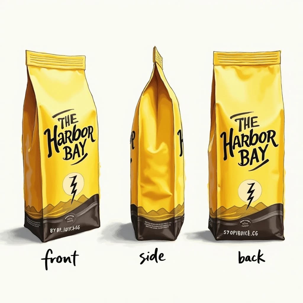 Gouache painting of the same coffee bag drawn in three views, captioned "front", "side" and "back", every view carrying the wordmark "The Harbor Bay" with a lightning-bolt symbol beside it in the same black-and-yellow coloring, only the angle changing.