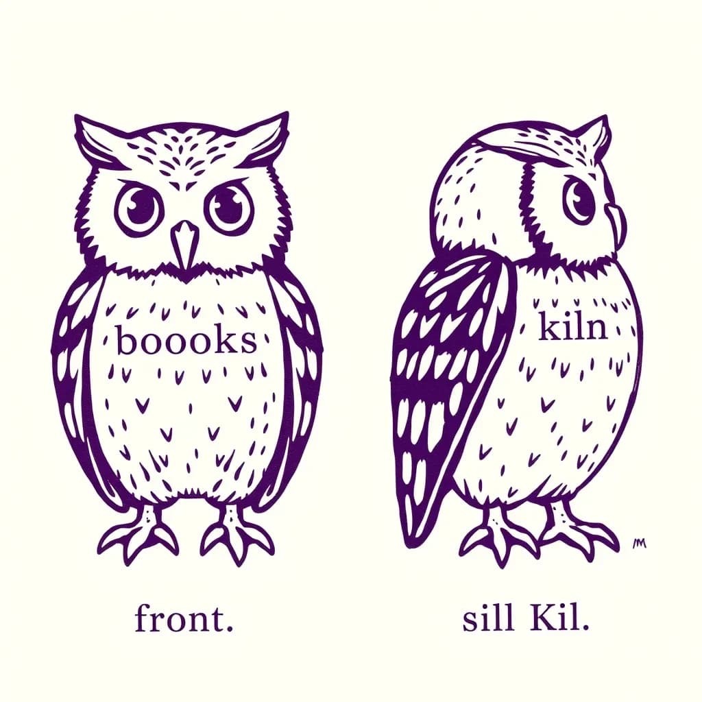 Linocut print: one bookstore owl mascot in two views. The views are captioned "front" and "side" in that order. The wordmark "Quill Kiln" appears on every view with a paw mark beside it. The purple-and-white coloring is the same across every view, and only the angle changes.