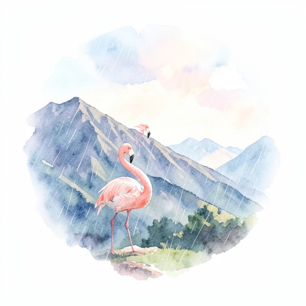 flamingo, mountain ridge, light rain, off-center framing with negative space, watercolor, soft edges