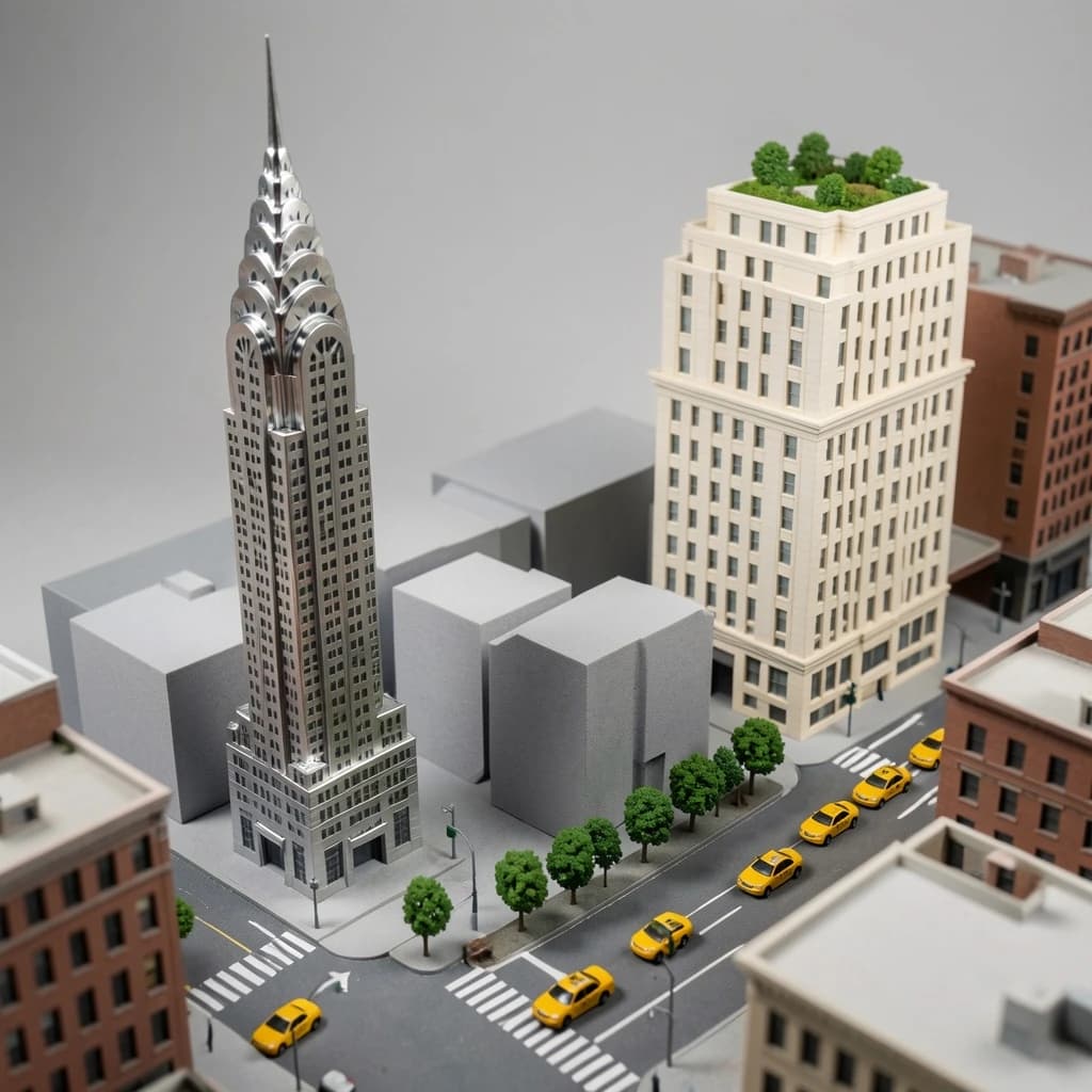 Tilt shift photograph of a hand built architectural scale model of a Midtown Manhattan block, studio lit from the upper left.
The Chrysler Building stands on the corner in polished silver card with its stepped crown and triangular windows. Directly across the street sits a proposed cream limestone tower, two floors shorter, topped by a stepped roof garden. Between them four smaller grey massing blocks in plain foam. Six tiny yellow cabs on the avenue, three stopped at the crossing and three queued behind, with a line of green model trees down the median.