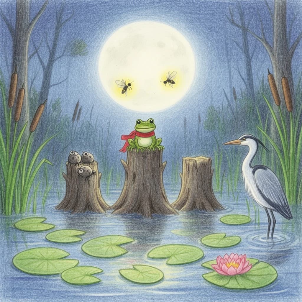 Story card in soft children's book illustration with crayon texture. A moonlit swamp with three cypress stumps in a row across the water. A small green frog in a red scarf sits on the middle stump. Two fireflies circle above his head while four more sit sleeping on the reeds to the left. A heron stands knee deep at the right edge, looking away from the frog. Nine lily pads float across the foreground, only one of them carrying a flower.