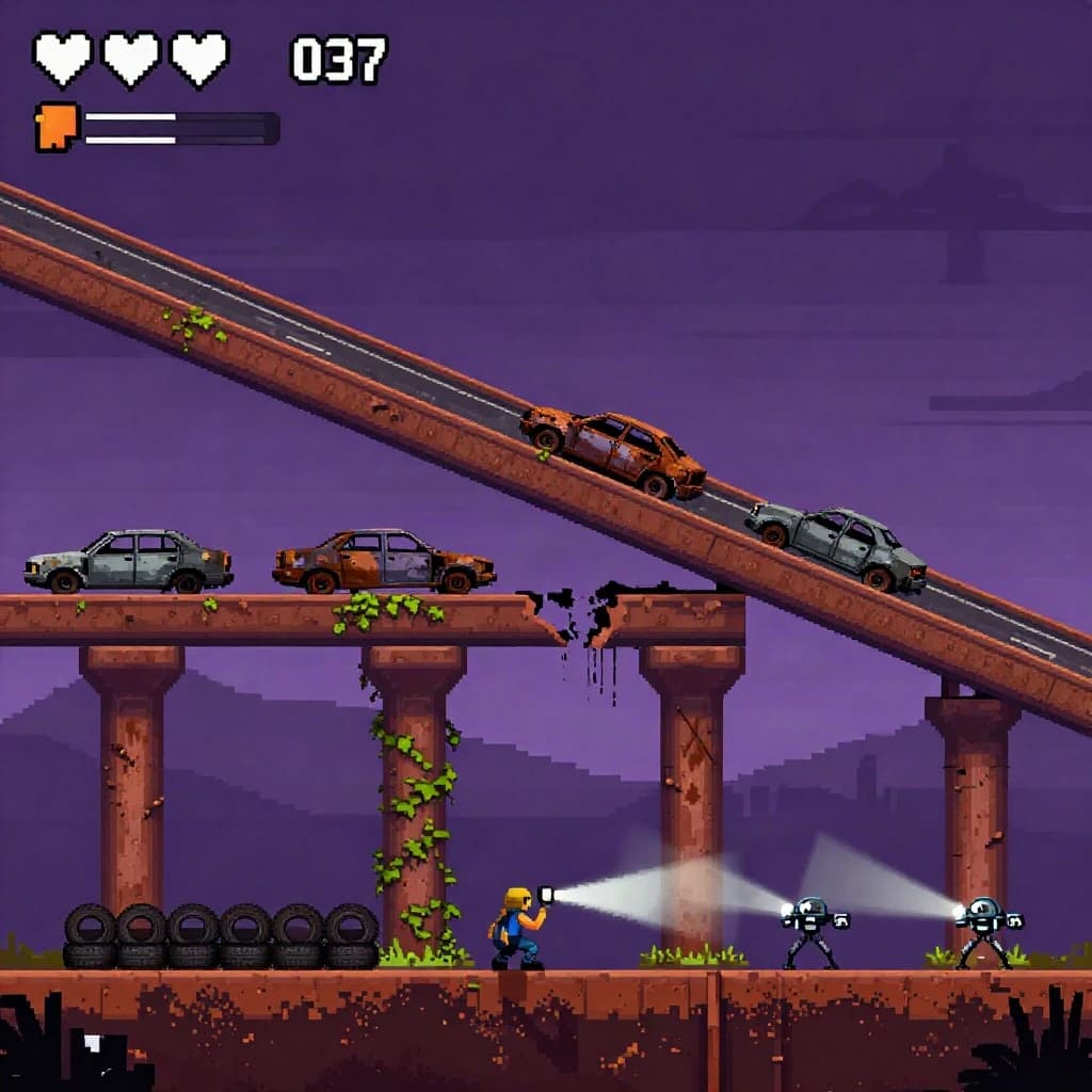 Side-scrolling pixel art screenshot from a post-apocalyptic survival platformer, dusk palette of rust and violet. A collapsed highway overpass cuts diagonally across the frame on four concrete support pillars, the second from the left snapped in half and wrapped in vines. On the deck above sit three burnt-out cars nose to tail, only the middle one still upright. Below, the player crouches behind a barricade of five stacked tires while two scavenger drones sweep flashlight cones in from the right. Top-left interface: three heart icons with the last half empty, a scrap counter reading "037", and a thin compass strip.
