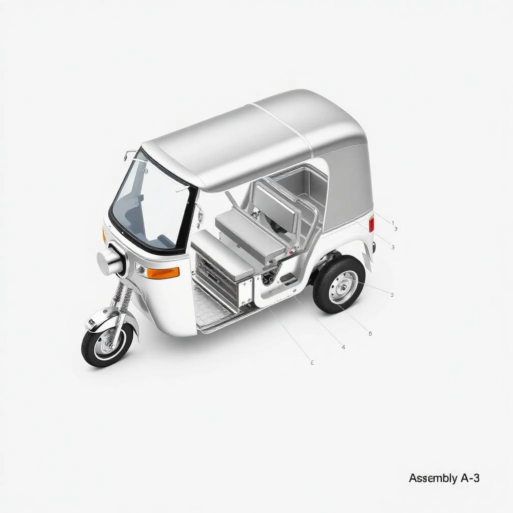 Exploded axonometric of an electric tuk-tuk, every part rendered in polished liquid chrome against a flat pale grey background, parts floating apart along thin leader lines. One front wheel below the fork, two rear wheels off the axle, two battery modules sliding out from under the bench seat with the left module taller than the right, four grab handles above the roof frame, one canopy panel on top. Numbered callouts one through seven with a parts list down the right edge and a title block reading "Assembly A-3".