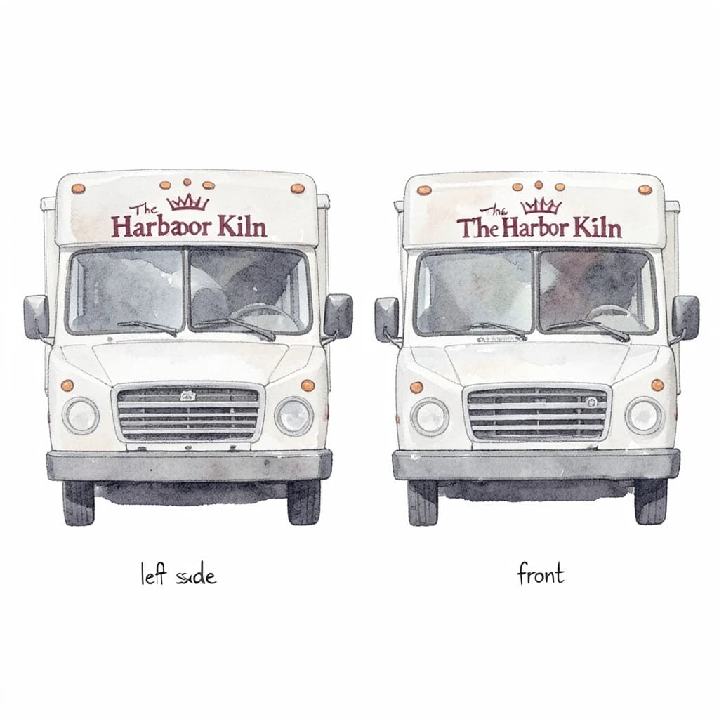 Watercolor of the same food truck drawn in two sides, captioned "left side" and "front", every side carrying the wordmark "The Harbor Kiln" with a simple crown outline beside it in the same maroon-and-gray coloring, only the side changing.