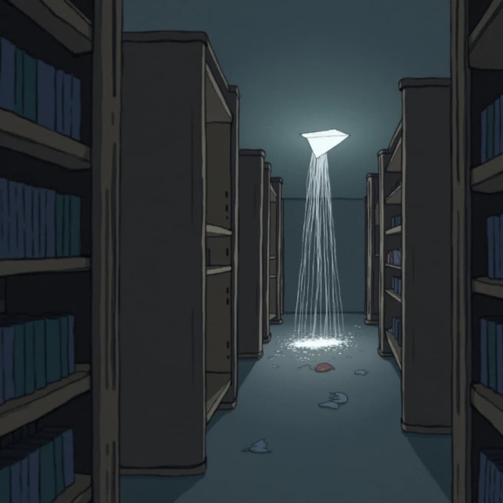 The quiet second when a paper airplane picks up a soft edge highlight, in a quiet library, after a light rain shower.