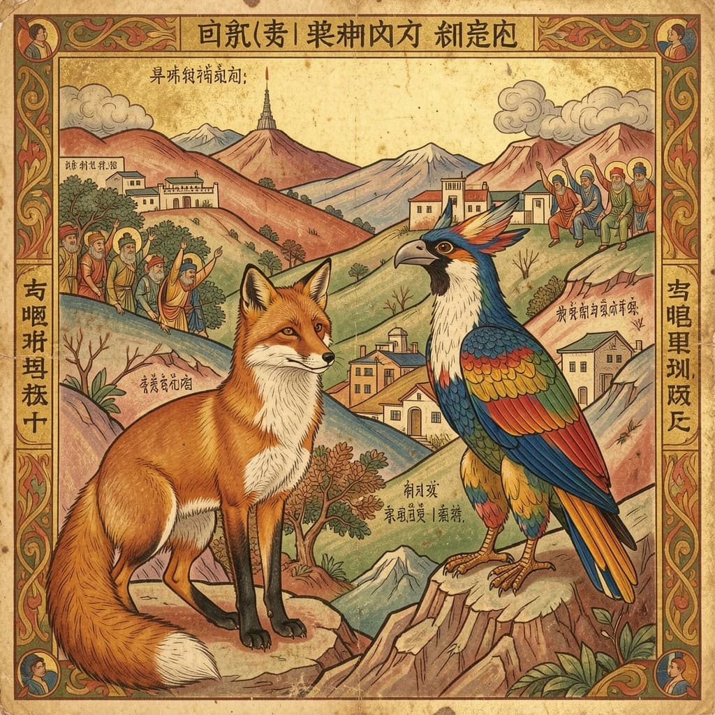 Fox and Turaco in Pyongyang, North Korea in the style of byzantine