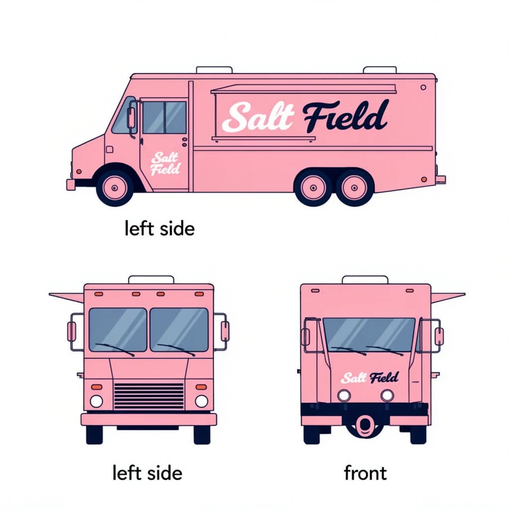 Flat vector illustration of the same food truck drawn in two sides, captioned "left side" and "front", every side carrying the wordmark "Salt Field" in the same pink-and-navy coloring, only the side changing.