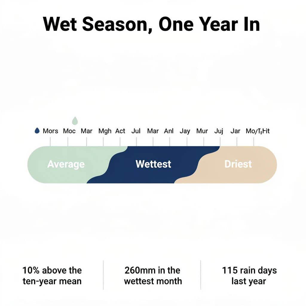 Flat vector illustration titled "Wet Season, One Year In". A twelve-month rainfall timeline sits at the center, carrying three keyed regions, "Average" shaded pale green, "Wettest" shaded dark blue and "Driest" shaded sand. Three stat chips run down a bottom row, reading "10% above the ten-year mean", "260mm in the wettest month" and "115 rain days last year". Each key color matches the shading of the region it names.
