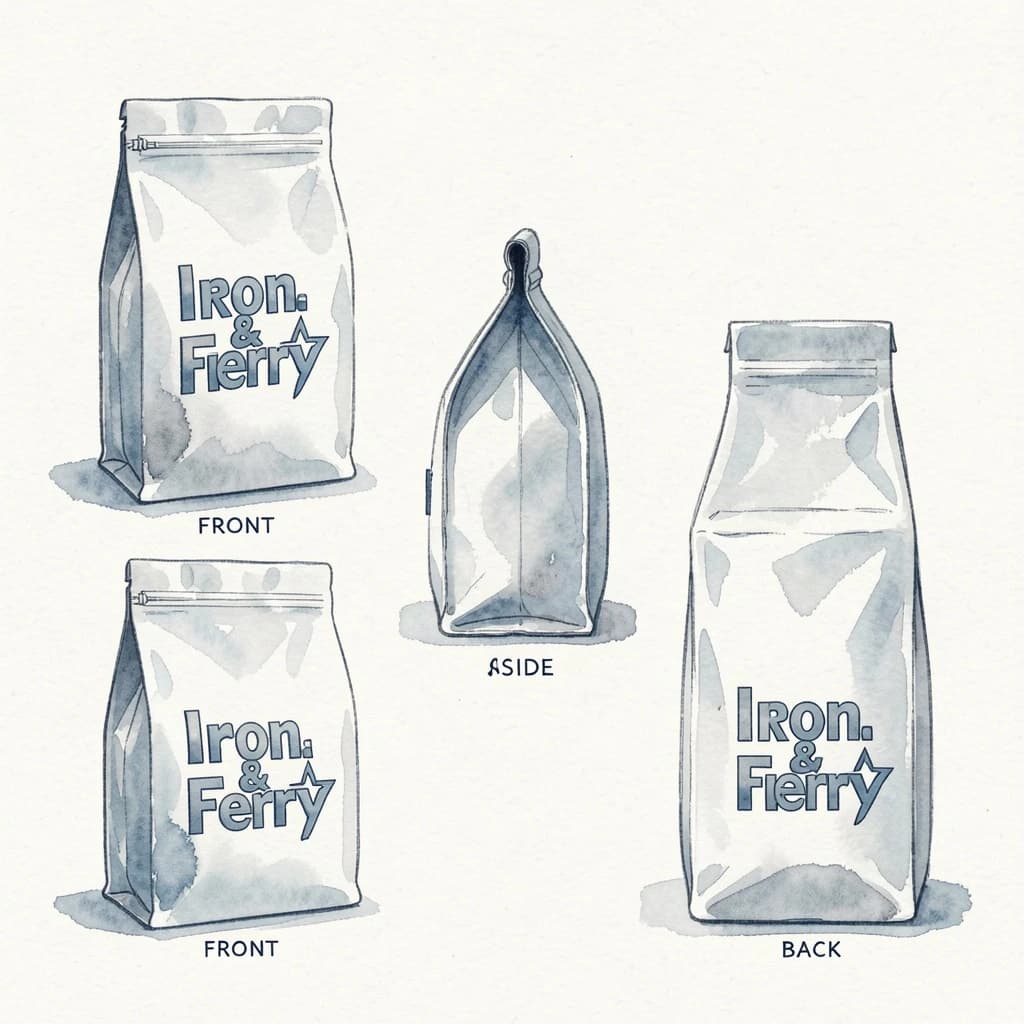 Watercolor of the same coffee bag drawn in three views, captioned "front", "side" and "back", every view carrying the wordmark "Iron & Ferry" with a five-point star outline beside it in the same blue-and-silver coloring, only the angle changing.