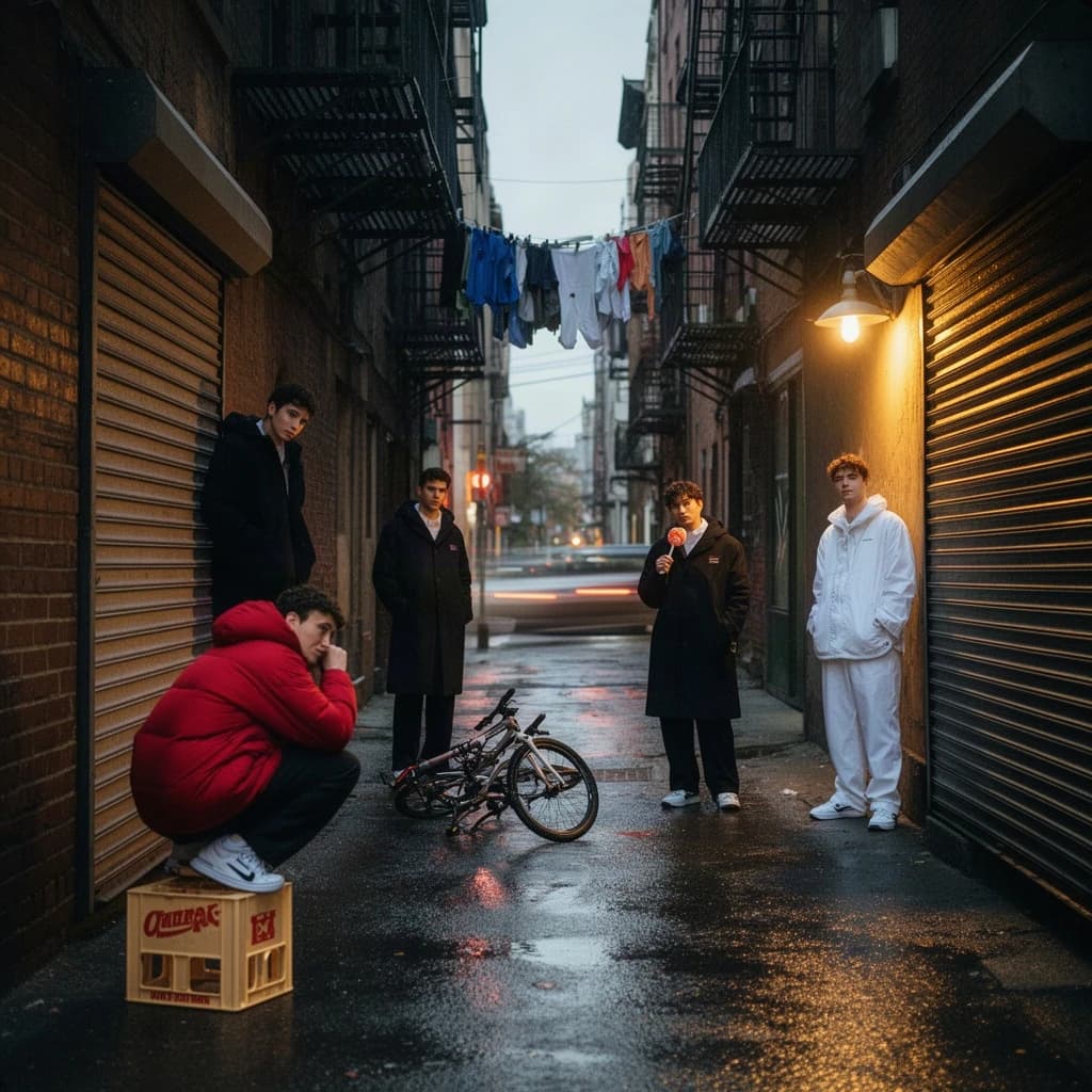 Cinematic photograph for a streetwear campaign, shot straight down a narrow rain-slick alleyway at dusk. Four models spread through the depth of the frame: the nearest crouches on a milk crate in a red puffer, two stand mid-alley in matching black coats, one leaning on a roll-up shutter and one holding a lollipop, and the farthest stands under the single working lamp in white. Three of the six fire escapes above carry laundry lines; the rest are bare. A delivery bike lies on its side between the two middle models. Blurred street traffic only at the far end.