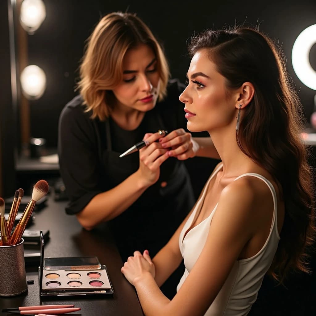 Fashion photograph at a backstage vanity lit by a ring light. A makeup artist in a black apron leans in from the right and blends cream blush into a seated model's cheekbone with her fingers, while a second artist standing behind them holds a lash tray in one hand and tweezers in the other, mid pick. On the counter between them: six brushes standing bristle up in a metal cup, three lipstick bullets lying in a row with their caps off beside them, and one open palette showing two used shades and four untouched. Warm skin tones, glossy highlights, shallow depth of field.