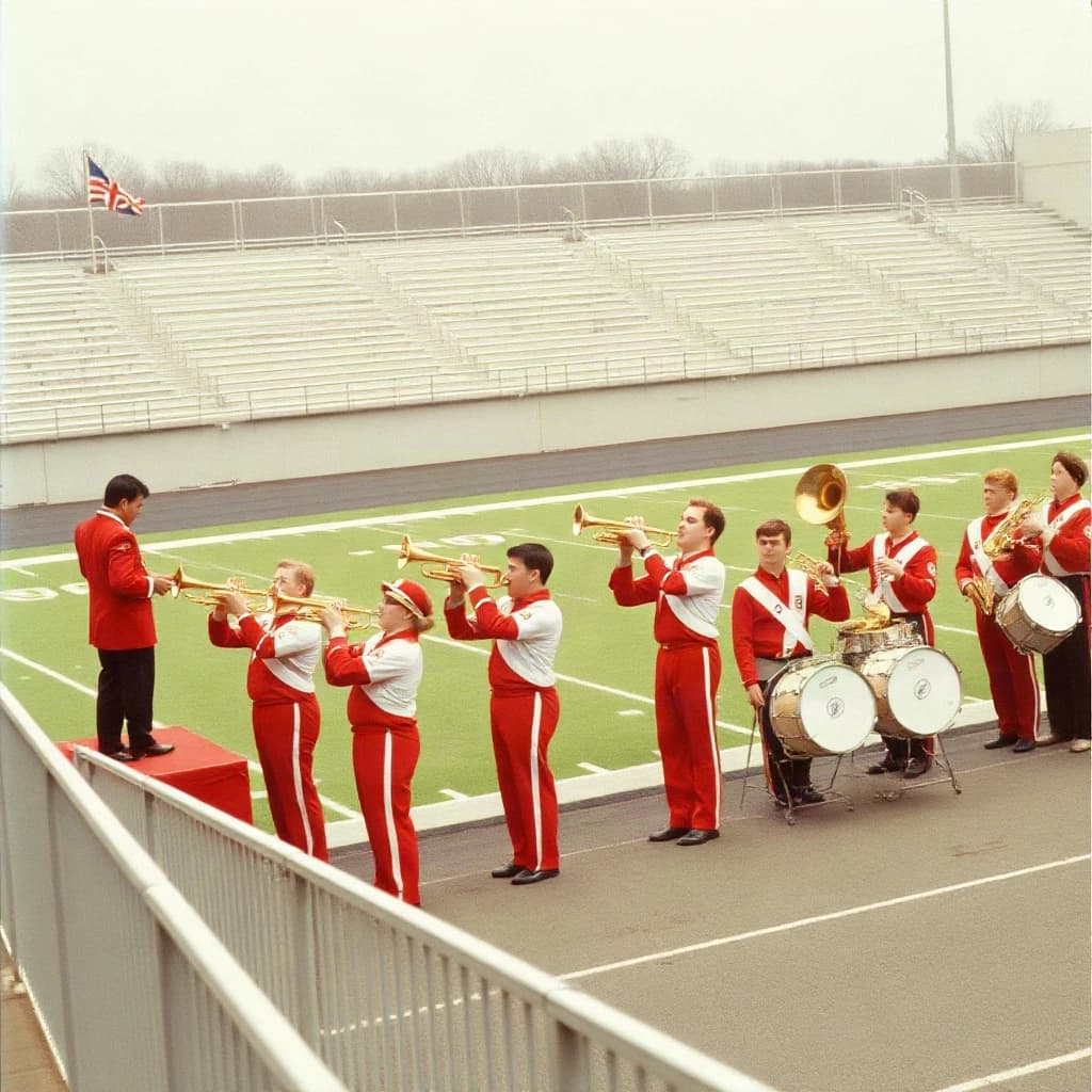 Nineteen seventies Kodachrome-era colour film look, faded warm grain and slight overexposure: a high school marching band seen from a stadium walkway. Front rank of five trumpet players in red and white uniforms, all with horns raised. Behind them three sousaphones in a triangle, the middle player caught mid turn. A line of four drummers to the right, the snare drummer nearest the camera mid stroke. A single drum major stands on a podium at the far left with his back to us, arms up. Empty green field behind them.