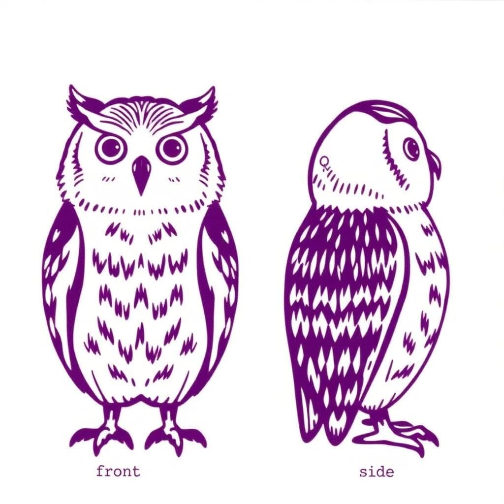 Linocut print: one bookstore owl mascot in two views. The views are captioned "front" and "side" in that order. The wordmark "Quill Kiln" appears on every view with a paw mark beside it. The purple-and-white coloring is the same across every view, and only the angle changes.