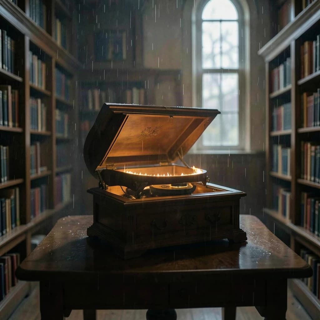 The quiet second when a music box takes on a thin rim of warm light, in a quiet library, in light rain.