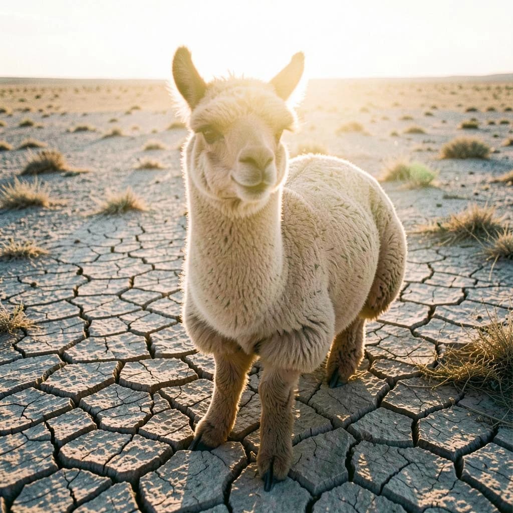 quiet alpaca on cracked earth, backlit