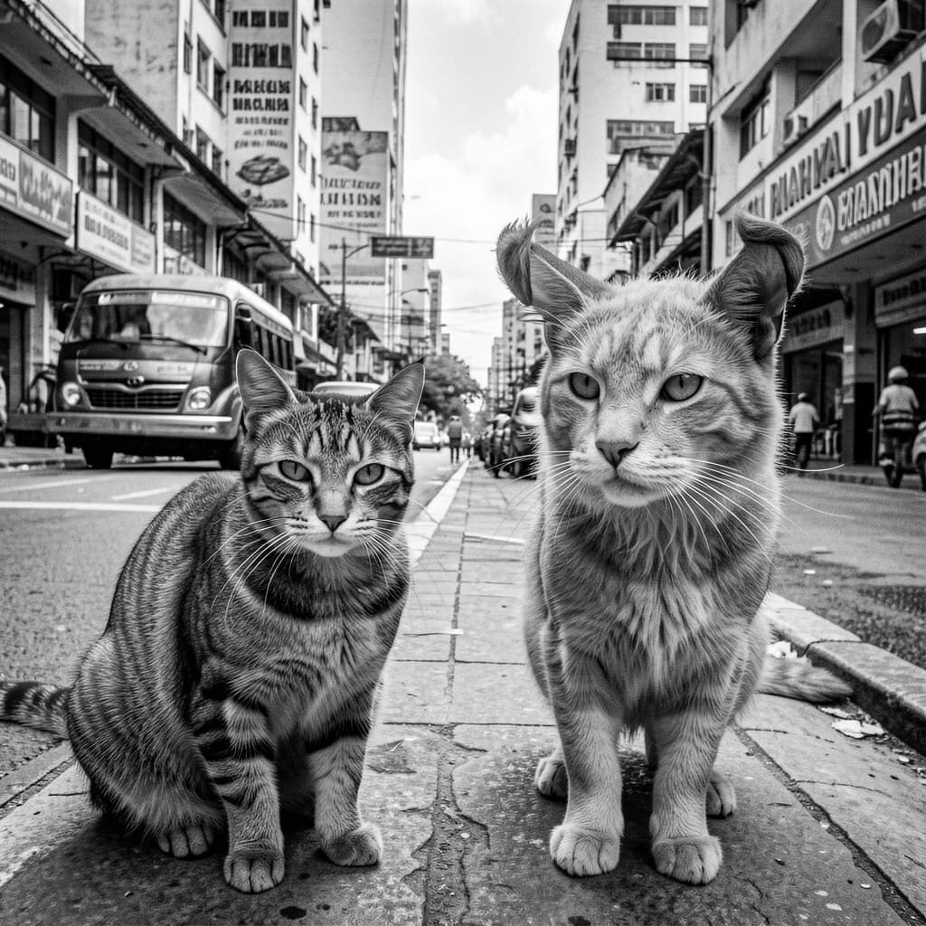 Channel Cat and Megathere in Manila, Philippines in the style of black and white