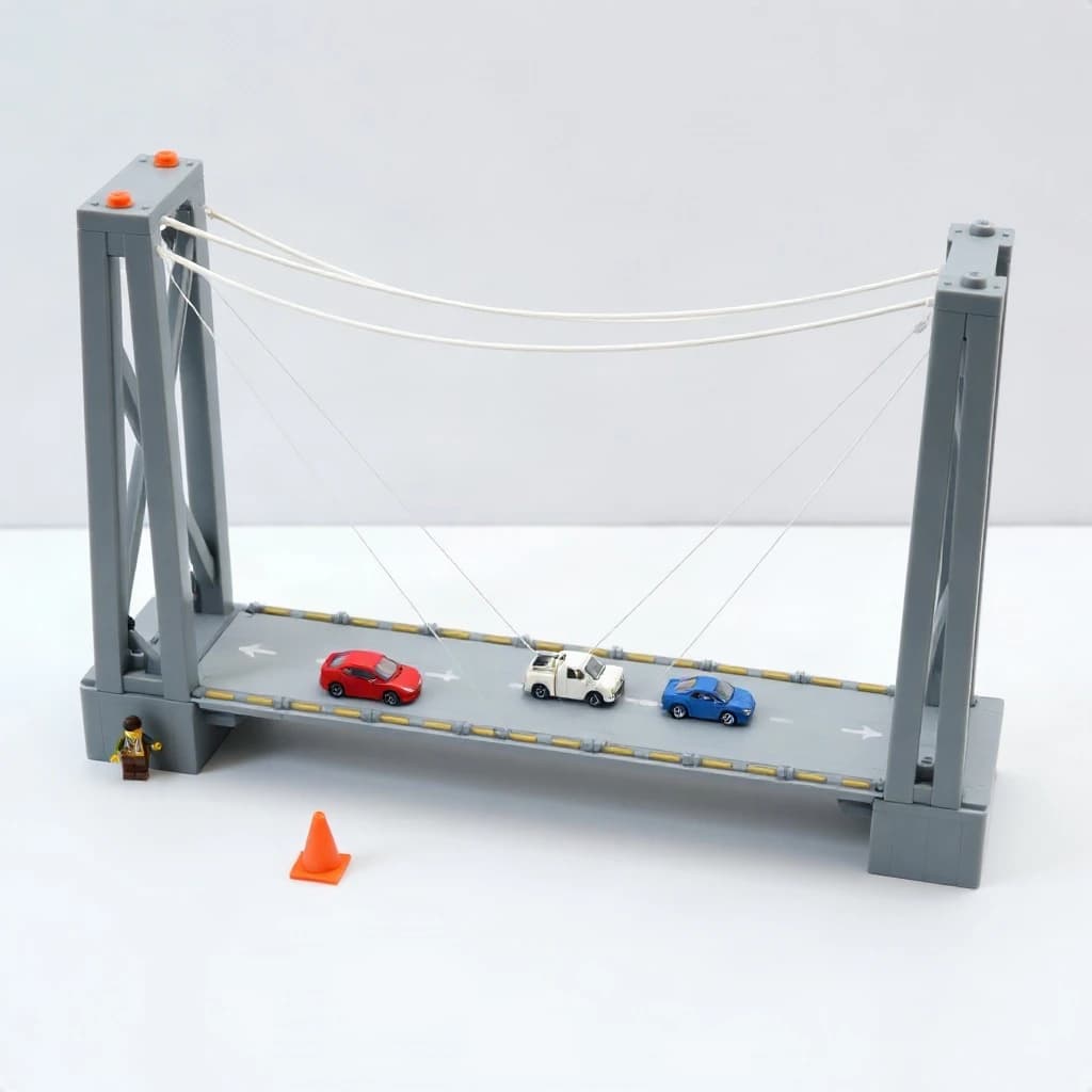Product photograph of a plastic brick model of a suspension bridge on a white table, shot from a low three-quarter angle. Two grey towers, each with three cross braces between its legs, carry cables that sweep down to the deck with eight vertical hangers per span. The deck is two lanes wide with four small cars on it: two red in the near lane, one blue and one white in the far lane. A single figure in a yellow vest stands at the left tower base beside two orange cones. Soft even light, crisp stud edges, no printed logos anywhere.