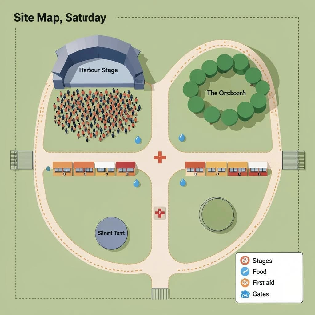 Festival site map in flat editorial infographic style, bird's eye, flat colour blocks on a sage green field inside a dotted perimeter fence.
Four stages: the main "Harbour Stage" along the north edge with a wide crowd shape in front of it, "Tin Shed" on the east, "The Orchard" on the west inside a cluster of round tree canopies, and a small circular "Silent Tent" at the south west corner with no crowd shape around it.
Two food streets run east to west between the stages, the northern one with nine numbered stalls and the southern one with six. Three water points marked by blue droplets sit one beside each of the first three stages. A single first aid cross sits where the two food streets meet the central path.
A gravel path loops the whole site as a dashed ochre line, with entrance gates on the south and east sides only.
A legend box in the lower right lists "Stages", "Food", "Water", "First aid" and "Gates", each with its own symbol. Title at the top left reads "Site Map, Saturday".
