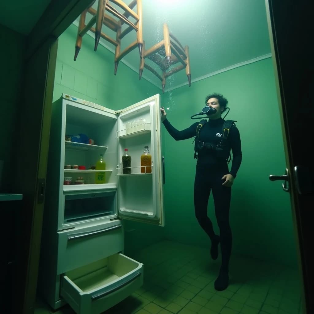 Underwater photograph inside a flooded apartment kitchen, silt green water, one window's worth of light from above. The refrigerator stands with its door swung open; three plastic bottles drift upward out of it, one still capped and two open and trailing bubbles, while a jar of pickles stays wedged on the middle shelf. A diver in a black wetsuit hovers to the right of the door, one hand on the top hinge, the other aiming a torch into the empty vegetable drawer. Two wooden chairs float against the ceiling above her, a third lies on its side on the tiles. Suspended particles, cold contrast, slow shutter softness.